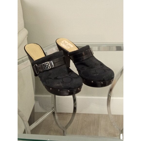 Coach Black Leather Buckle Slip On Clogs Size 5 - Picture 2 of 8